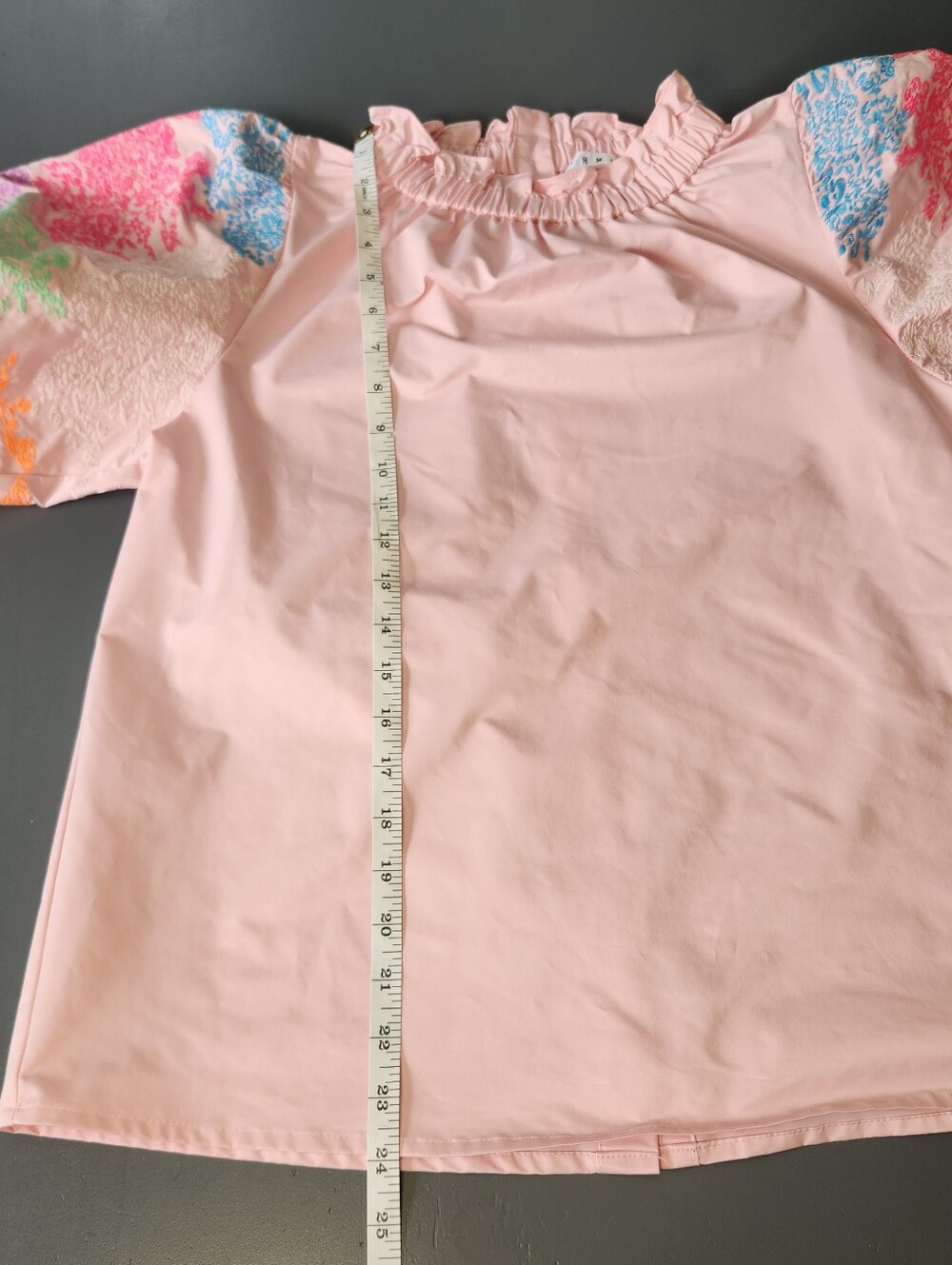 THML Pink Embroidered Puff Sleeve Button Back Blouse Large Ruffled Neck Festival - Picture 8 of 11